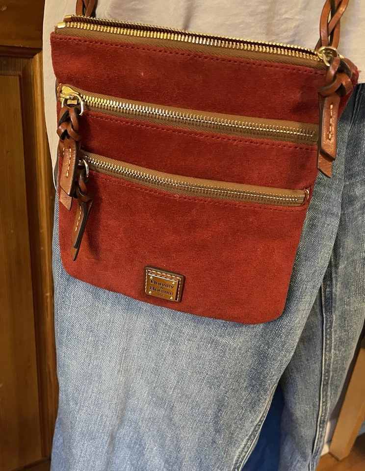 Dooney & Bourke Red Suede Triple Zip Crossbody Purse 8” Lined Lng Strap 26” Drop - Image 1 of 4