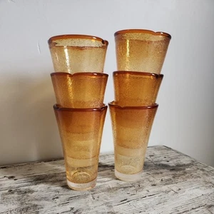 Hand Blown Amber Rim Bubble Glass Tumbler Set Of 6 - Picture 1 of 7