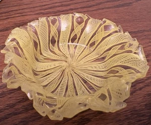 Vintage gelb Latticino Murano mundgeblasen Band Glas Schmuck Schale/Schüssel 4" - Bild 1 von 6