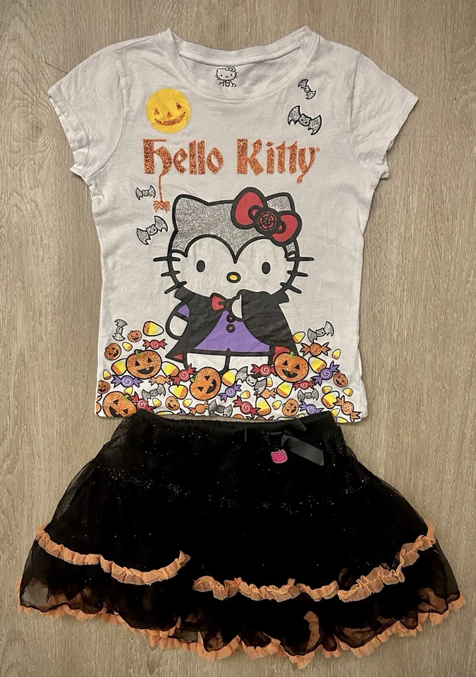 HELLO KITTY 2 piezas Niñas TALLA 5T 🎃 Conjunto de camiseta y tutú brillante de Halloween de Sanrio Foto 1 de 4