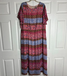 Lane Bryant Dress Womens 18 / 20 Blue Pink Floral Maxi Short Flutter Sleeve Slit - Picture 1 of 14