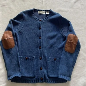 Orvis Women's Sweater Cardigan Size S Button Down Blue Leather Elbow Patch EUC - Picture 1 of 10