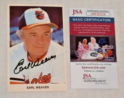 Earl Weaver Baltimore Orioles Signed Autographed Team Issue Postcard JSA COA - Image 1 of 3