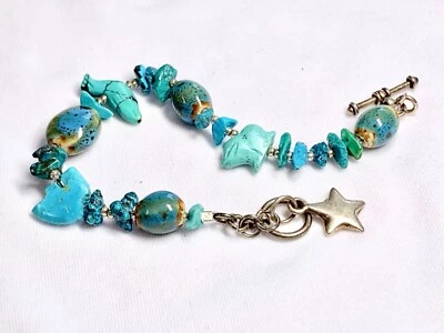 PULSERA TURQUESA PLATA ESTERLINA 7.5" con fetiche tallado oso y peces dijes Foto 1 de 4
