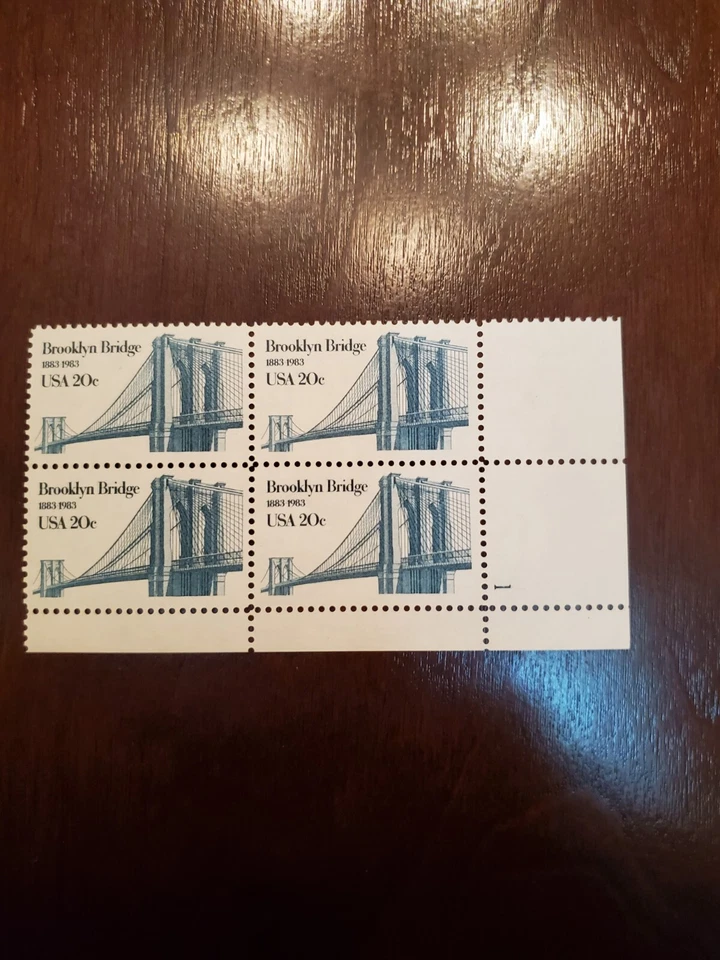 US Plate Block of 4 stamps, Scott 2041. 20 cent Brooklyn Bridge - Image 1 of 2