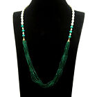 Green Onyx, White Pearl & Amazonite Long-Necklace 925 Silver Sterling