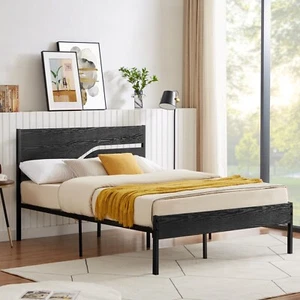 Bed Frame Metal Platform Twin Full Queen Size with Wooden Headboard Footboard - Picture 1 of 21