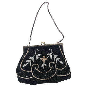 Antique Embellished Small Beaded Black Floral Coin Purse Snap Clasp Chain Mirror - Image 1 of 4