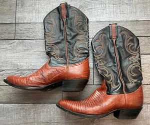 Larry Mahan Cowboy Boots Brown Black Exotic Lizard Leather Vintage Size 9 D - Picture 1 of 9