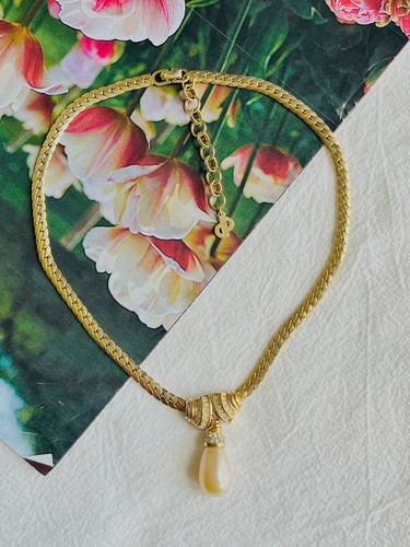 Collana Christian Dior Vintage 1980 Cristallo Doppio Ventaglio Perla Goccia Acqua Pendente