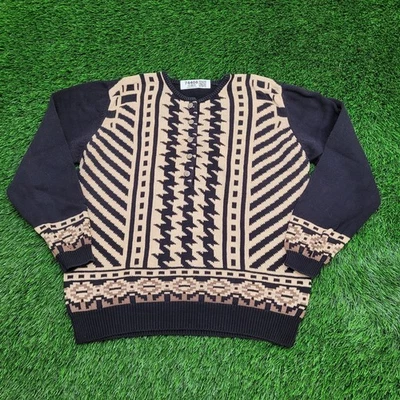 Vintage 90s Geometric Henley Sweater Womens M/L 21x24 Black - Image 1 of 4