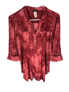 COCOMO Blouse M Red Pink Pleated Stretch V-Neck Summer Spring Resort Romantic - Picture 1 of 4