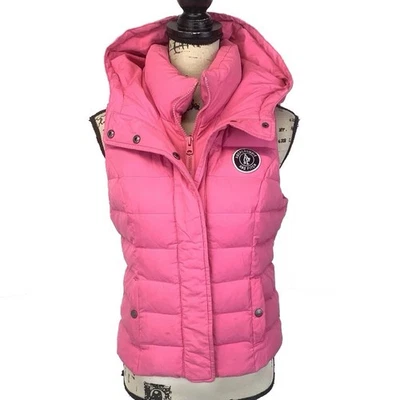 Y2K Abercrombie & Fitch Women L Down Puffer Vest Quilted Full Zip Hooded Pink - Image 1 of 4