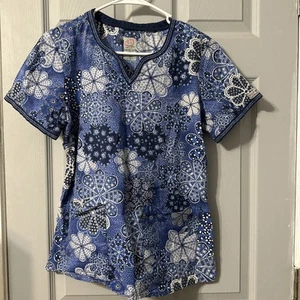 Peaches Scrub Top Women’s Large Blue Paisley - Picture 1 of 4