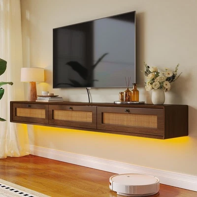 Soporte de TV Flotante Totalmente Montado con 3 Puertas de Ratán, Entrada Flotante Rústica... Foto 1 de 4