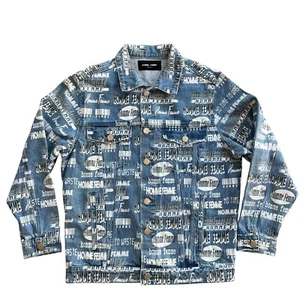 Homme + Femme Denim Jacket Men's All Over Logo Print Button Front in Blue - Picture 1 of 11