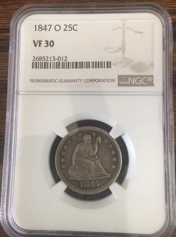 1847 O Liberty Seated Silver Quarter Very Fine VF-30 Details NGC Certif Key Date Cover
