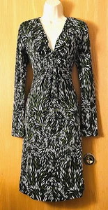 Tory Burch Size S Black/Green/White Silk Long Sleeve V Neck Dress - Picture 1 of 4