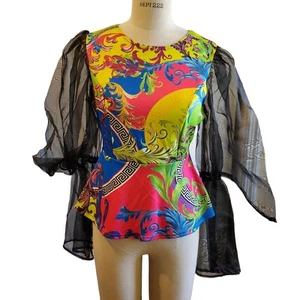Blusa colorida vintage con mangas negras transparentes talla S hecha en EE. UU. - Imagen 1 de 8