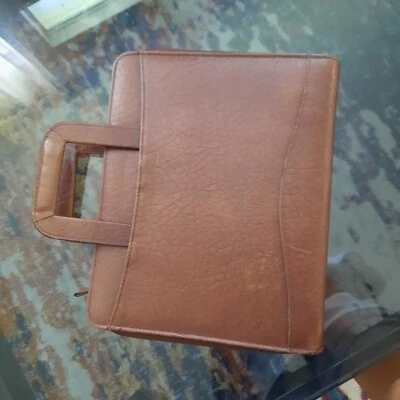 Retractable Handles Brown Leather Portfolio Zippered Binder - Image 1 of 4