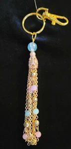 Handmade New Key Chain Ring Pink & Blue Beads Tassel Purse Charm Gold Tone - Picture 1 of 5