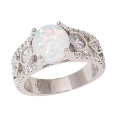 NEU Schicker 925 Silber-Ring mit weißem Feuer-Opal und Zirkonia, Gr.6/ 7/ 8/ 9 - Bild 1 von 4