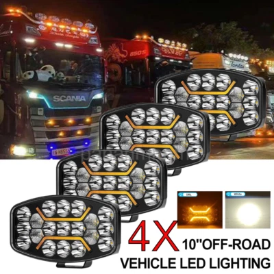 4X 12v 24v 10" Jumbo Oval LED Spot Lamp Dual White & Amber  DRL Driving Light - Image 1 of 4