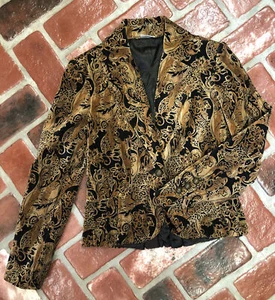 Georgiou Studio Black Gold Velvet Blazer Jacket Fitted Pleated Peplum Size 6 - Picture 1 of 9