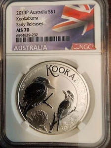 2023 Australia 1oz Silver Kookaburra NGC MS70 Early Releases - Flag Label - Picture 1 of 2