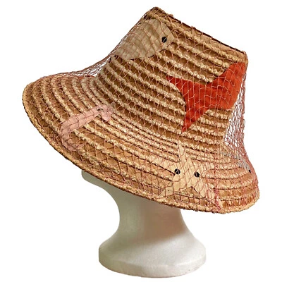 Sombrero de paja de red vintage para mujer Tiki "Captura del día" hierba hawaiana moda Foto 1 de 4