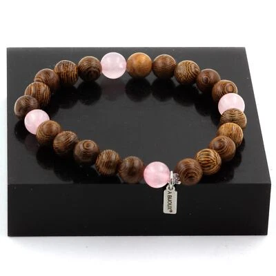 piedras y minerales. Pulsera de cuentas de cuarzo rosa + madera 8 mm. Hecho en Francia Foto 1 de 3