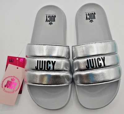 Sandalias Juicy Couture Slides Playa Piscina Talla 11 Plateadas Metálicas J-WOW Foto 1 de 4