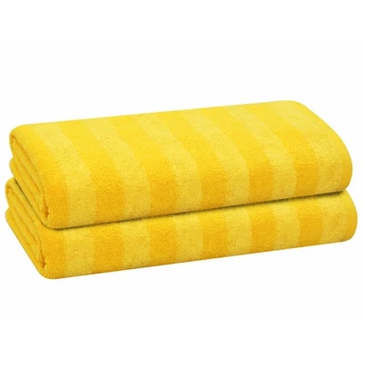 高级 2 件装条纹 100% 棉纱染色浴巾,防晒黄色,27x54 — 第 1/4 张图片
