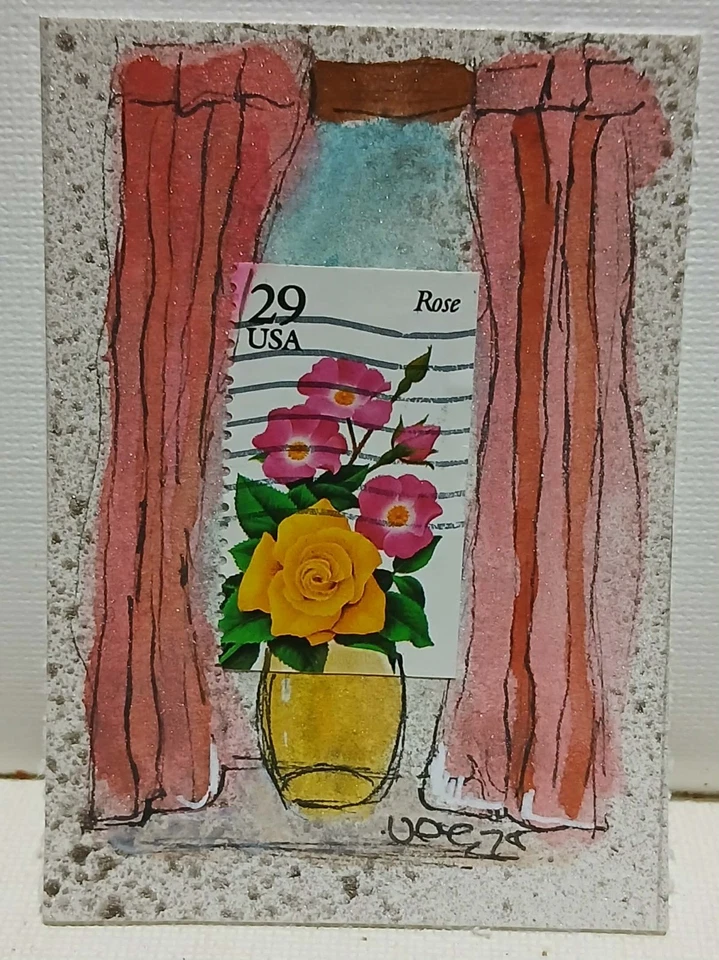 Postal Whimsy ACEO – Yellow & Pink Roses Stamp with Vase & Raspberry Curtains - Image 1 of 1