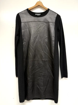 Vestido recto de lana de manga larga con paneles de cuero de cordero negro talla pequeña Vince Foto 1 de 4