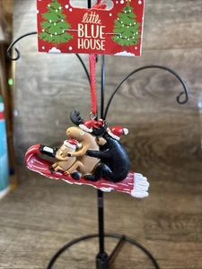 Little Blue House Ornament Near Moose Sledding  - Picture 1 of 4