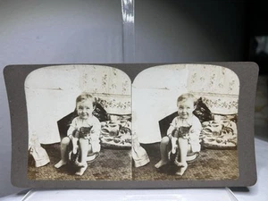 Antica cartolina stereo con foto reale ~ bambino su vaso da camera con gatto ~ vasino - Foto 1 di 9