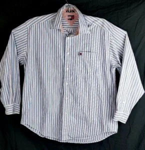Tommy Hilfiger VINTAGE Men Medium M Stripped Button UP Shirt Red White & Blue - Picture 1 of 4