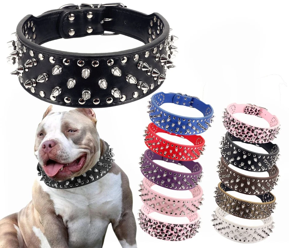 Hoot PU Leather Adjustable Spiked Studded Dog Collar 2" Wide 37 Spikes Mneck 1