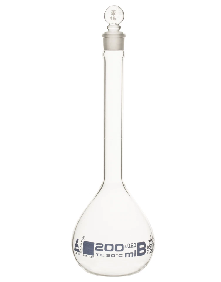 Eisco Labs 200ml Volumetric Flask with Glass Stopper, Class B - White Graduation - Image 1 of 1
