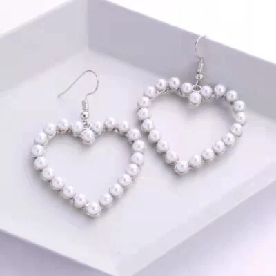 Fashion Women Jewelry Earrings Simple Hollow Love Heart Pearls Stud Hook 0441 - Image 1 of 4