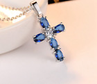 3Ct Oval Lab Created Blue Sapphire Cross Pendant 14K White Gold Plated 18" Chain