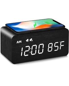Digital Wooden Alarm Clock with Wireless Charging, 0-100% Dimmer, Dual Black - Picture 1 of 6