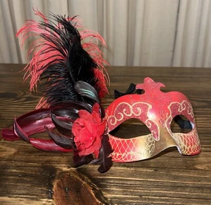 Masquerade Marti Gras Venetian Party Mask Women Red Black Rose Feathers - Picture 1 of 6
