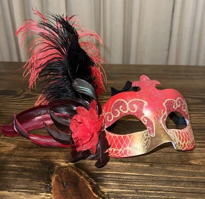 Masquerade Marti Gras Venetian Party Mask Women Red Black Rose Feathers - Image 1 of 4