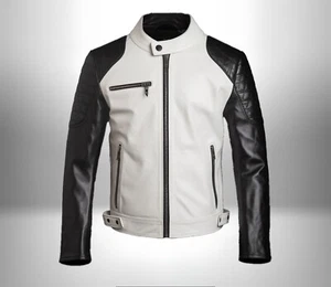 Genuine Leather biker jacket For Men-Personalized White and Black Leather Jacket - Picture 1 of 4