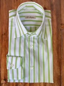 G.Inglese Men's Shirt in Cotton Green And White Stripes, Hand Sewn, Classic - Foto 1 di 7