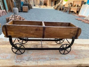 Old Wooden Hand Crafted Multi Utility Cart Box Wheel Storage Serving Bowl Tray - Picture 1 of 20
