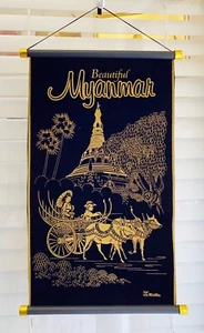 Black Velvet Wall Hanging Scroll from Myanmar, Shwedagon Pagoda, Harps - Picture 1 of 4
