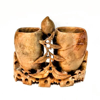 Jabonera tallada República China caligrafía doble cepillo maceta melocotón 4" Foto 1 de 4